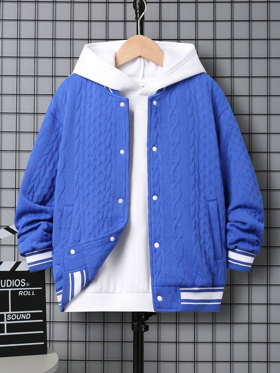 Tween Boy Leisure Embroidered Letter Baseball Collar Zip Front Knitted Jacket,In Fall/Winter