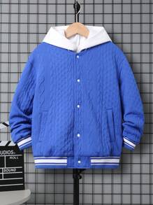 SHEIN Tween Boy Leisure Embroidered Letter Baseball Collar Zip Front Knitted Jacket,In Fall/Winter - Blue - View 3