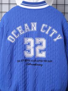 SHEIN Tween Boy Leisure Embroidered Letter Baseball Collar Zip Front Knitted Jacket,In Fall/Winter - Blue - View 4