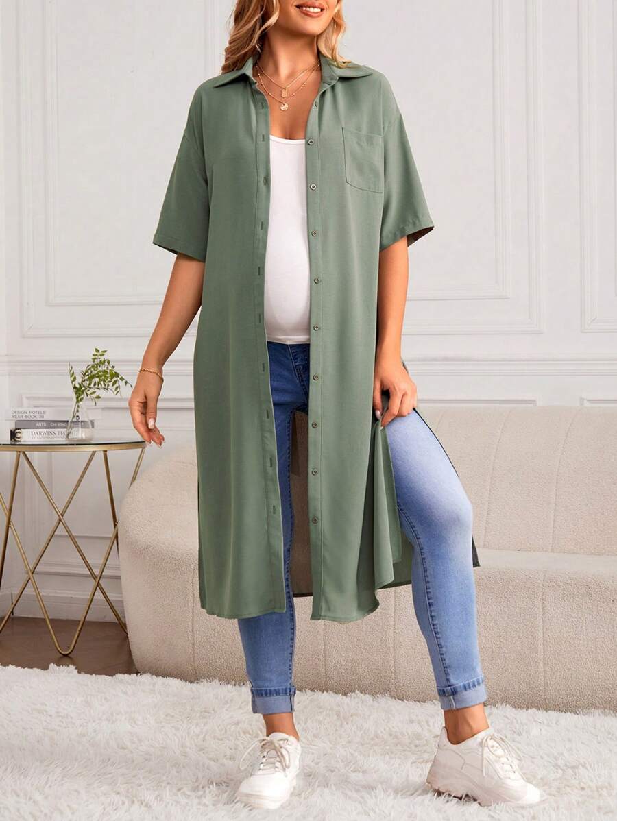 SHEIN 孕婦落肩袖下擺開叉外套 - 薄荷綠 - 查看 1