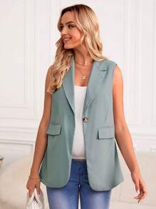 SHEIN Maternity Lapel Neck Single Button Vest Blazer - Mint Green - View 3