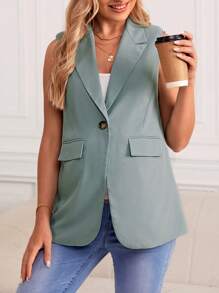 SHEIN Maternity Lapel Neck Single Button Vest Blazer - Mint Green - View 5