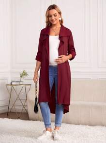 SHEIN Maternity Roll Tab Sleeve Open Front Coat - Maroon - View 1