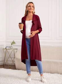 SHEIN Maternity Roll Tab Sleeve Open Front Coat - Maroon - View 4