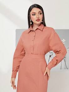 Modelyn 素色落肩袖襯衫&魚尾短裙不附腰帶 - 珊瑚粉 - 查看 5