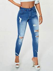 SHEIN Essnce 破洞毛邊緊身牛仔褲 - 中等水洗藍 - 查看 1