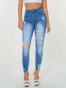 SHEIN Essnce 破洞毛邊緊身牛仔褲 - 中等水洗藍 - 查看 3