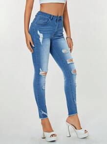 SHEIN Essnce 破洞毛邊緊身牛仔褲 - 中等水洗藍 - 查看 4