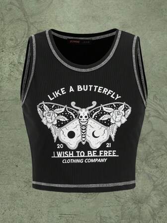 Folluther Slogan & Butterfly Print Top-stitching Tank Top