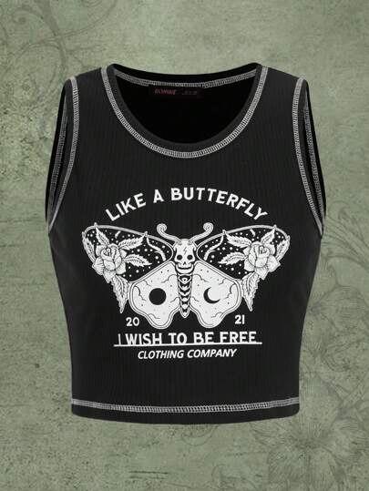 Folluther Slogan & Butterfly Print Top-stitching Tank Top
