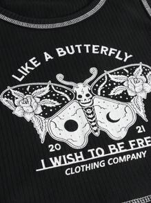 Folluther Slogan & Butterfly Print Top-stitching Tank Top - Black - View 2