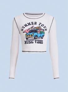 GOLDENLINE Car & Letter Graphic Top-stitching Crop Tee - White - View 1