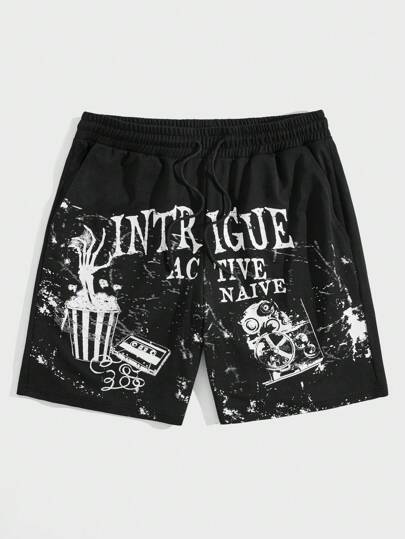 Goth Guys Letter Graphic Drawstring Waist Shorts