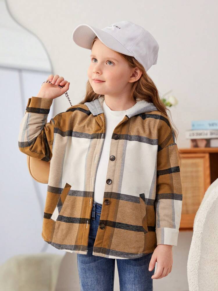 Young Girl Plaid Print Drop Shoulder Hooded Overcoat