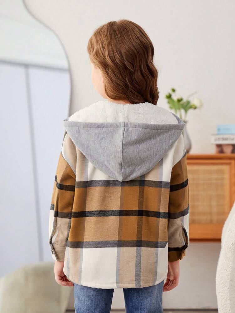 Young Girl Plaid Print Drop Shoulder Hooded Overcoat