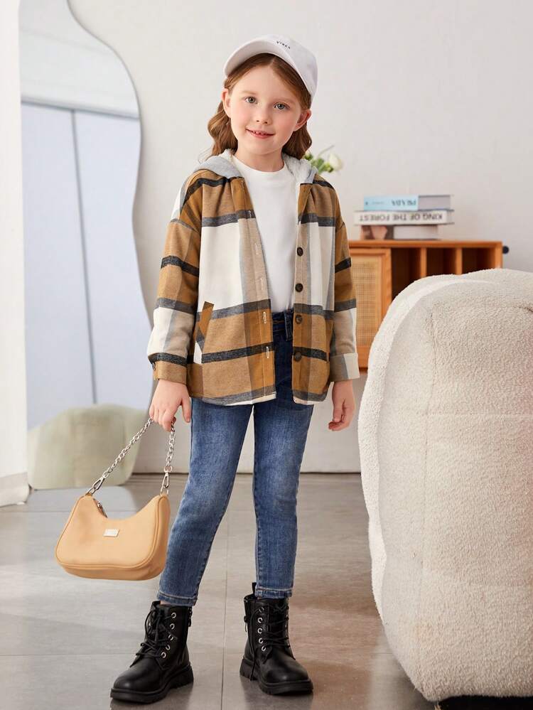 Young Girl Plaid Print Drop Shoulder Hooded Overcoat
