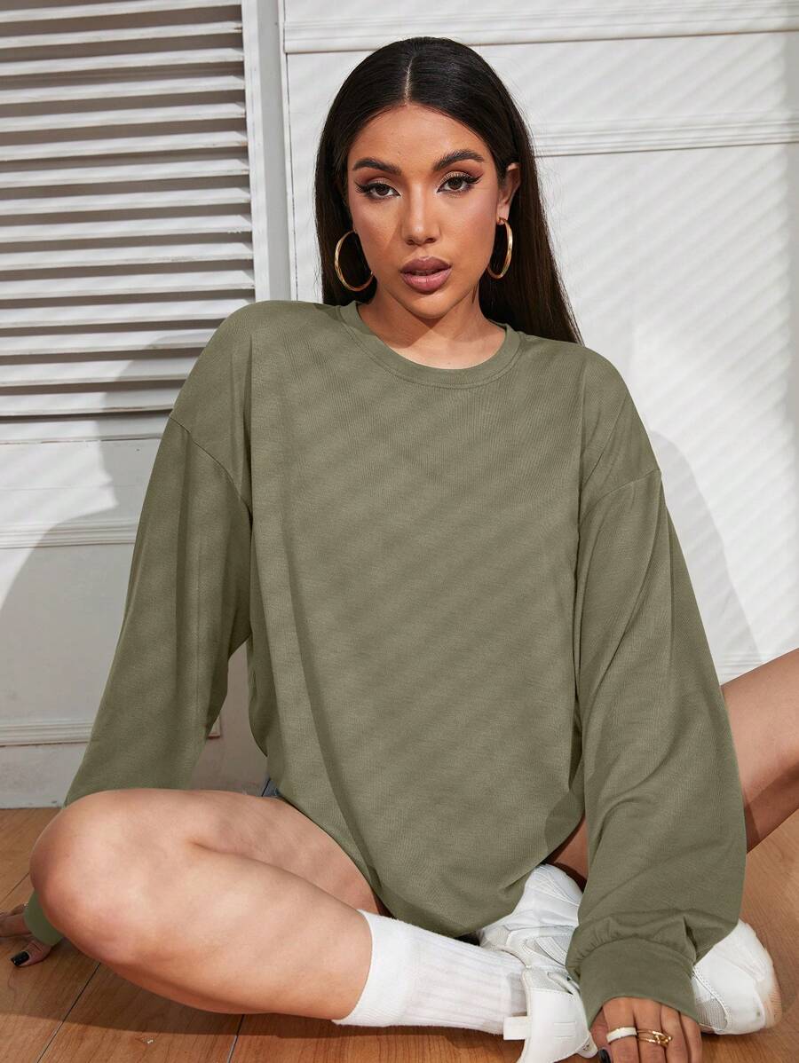 INAWLY Solid Drop Shoulder Tee Fall Cloth For Women - Army Green - View 1