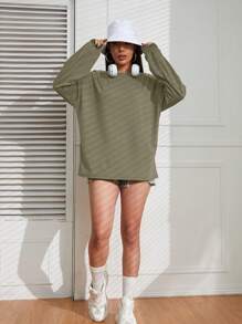 INAWLY Solid Drop Shoulder Tee Fall Cloth For Women - Army Green - View 3