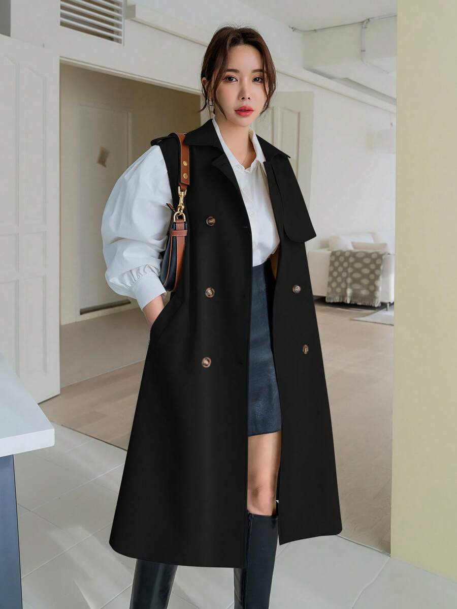 DAZY 女士纯色双排扣长款无袖休闲商务风衣，秋季女装夹克，秋季女装背心 - 黑色 - 查看 1