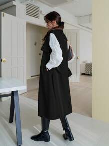 DAZY 女士纯色双排扣长款无袖休闲商务风衣，秋季女装夹克，秋季女装背心 - 黑色 - 查看 2