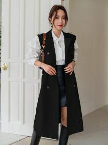 DAZY 女士纯色双排扣长款无袖休闲商务风衣，秋季女装夹克，秋季女装背心 - 黑色 - 查看 3