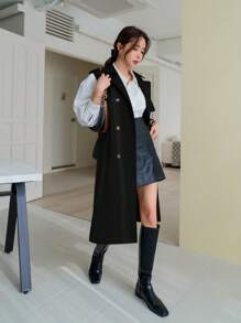 DAZY 女士纯色双排扣长款无袖休闲商务风衣，秋季女装夹克，秋季女装背心 - 黑色 - 查看 4