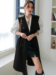 DAZY 女士纯色双排扣长款无袖休闲商务风衣，秋季女装夹克，秋季女装背心 - 黑色 - 查看 5