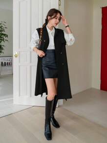 DAZY 女士纯色双排扣长款无袖休闲商务风衣，秋季女装夹克，秋季女装背心 - 黑色 - 查看 6