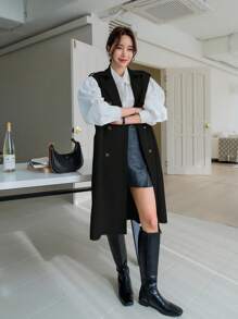 DAZY 女士纯色双排扣长款无袖休闲商务风衣，秋季女装夹克，秋季女装背心 - 黑色 - 查看 7