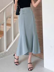 DAZY Solid Button Front Mermaid Hem Skirt - Dusty Blue - View 1