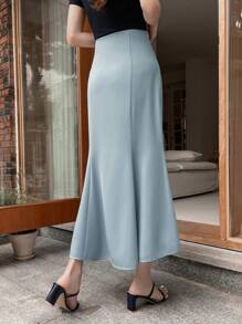 DAZY Solid Button Front Mermaid Hem Skirt - Dusty Blue - View 2