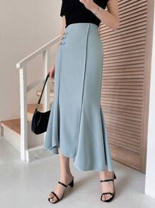 DAZY Solid Button Front Mermaid Hem Skirt - Dusty Blue - View 4