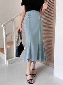 DAZY Solid Button Front Mermaid Hem Skirt - Dusty Blue - View 5