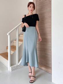 DAZY Solid Button Front Mermaid Hem Skirt - Dusty Blue - View 7