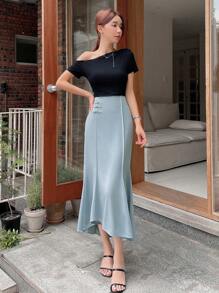 DAZY Solid Button Front Mermaid Hem Skirt - Dusty Blue - View 8