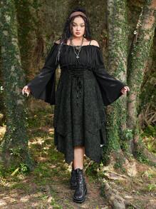 ROMWE Fairycore Plus Cold Shoulder Flare Sleeve Lace Up Front Dress - Multicolor - View 1