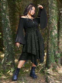 ROMWE Fairycore Plus Cold Shoulder Flare Sleeve Lace Up Front Dress - Multicolor - View 4