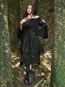 ROMWE Fairycore Plus Cold Shoulder Flare Sleeve Lace Up Front Dress - Multicolor - View 5