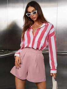 SHEIN Essnce 條紋印花落肩袖襯衫&短褲 - 彩色 - 查看 3