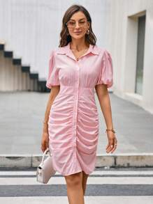 GENKIRA 泡泡袖褶邊前紐扣襯衫連衣裙 - 粉色 - 查看 3