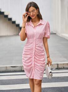 GENKIRA 泡泡袖褶邊前紐扣襯衫連衣裙 - 粉色 - 查看 4