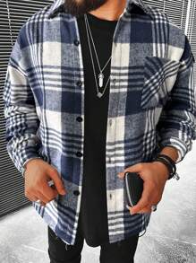 Manfinity Homme Loose Fit Men's Plaid Print Overcoat With Pockets - Multicolor - View 1