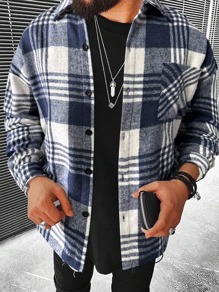 Manfinity Homme Men Plaid Print Pocket Patched Overcoat | SHEIN UK