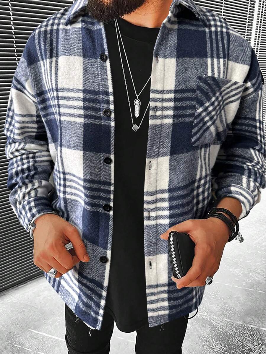 Manfinity Homme Loose Fit Men's Plaid Print Overcoat With Pockets - Multicolor - View 1