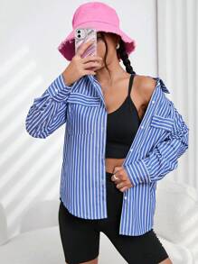 SHEIN EZwear 條紋印花翻蓋口袋襯衫 - 藍白色 - 查看 5