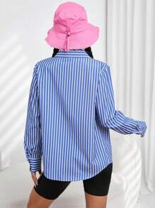 SHEIN EZwear 條紋印花翻蓋口袋襯衫 - 藍白色 - 查看 2