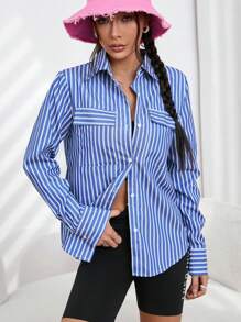 SHEIN EZwear 條紋印花翻蓋口袋襯衫 - 藍白色 - 查看 3