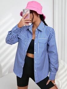 SHEIN EZwear 條紋印花翻蓋口袋襯衫 - 藍白色 - 查看 4