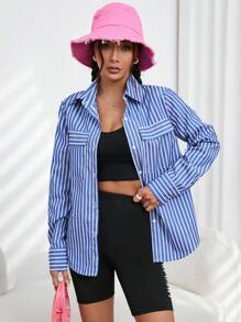 SHEIN EZwear 條紋印花翻蓋口袋襯衫 - 藍白色 - 查看 1