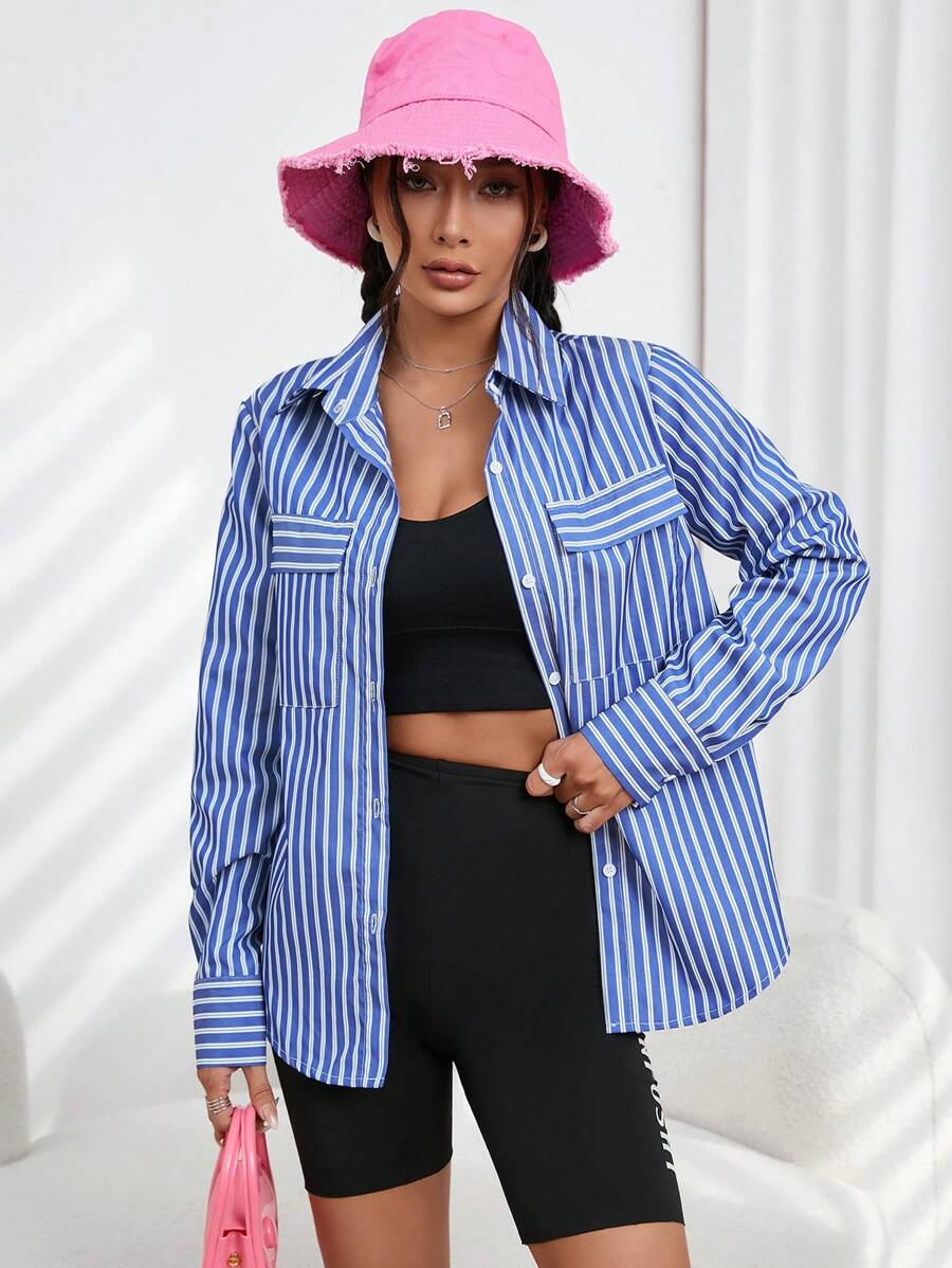 SHEIN EZwear 條紋印花翻蓋口袋襯衫 - 藍白色 - 查看 1